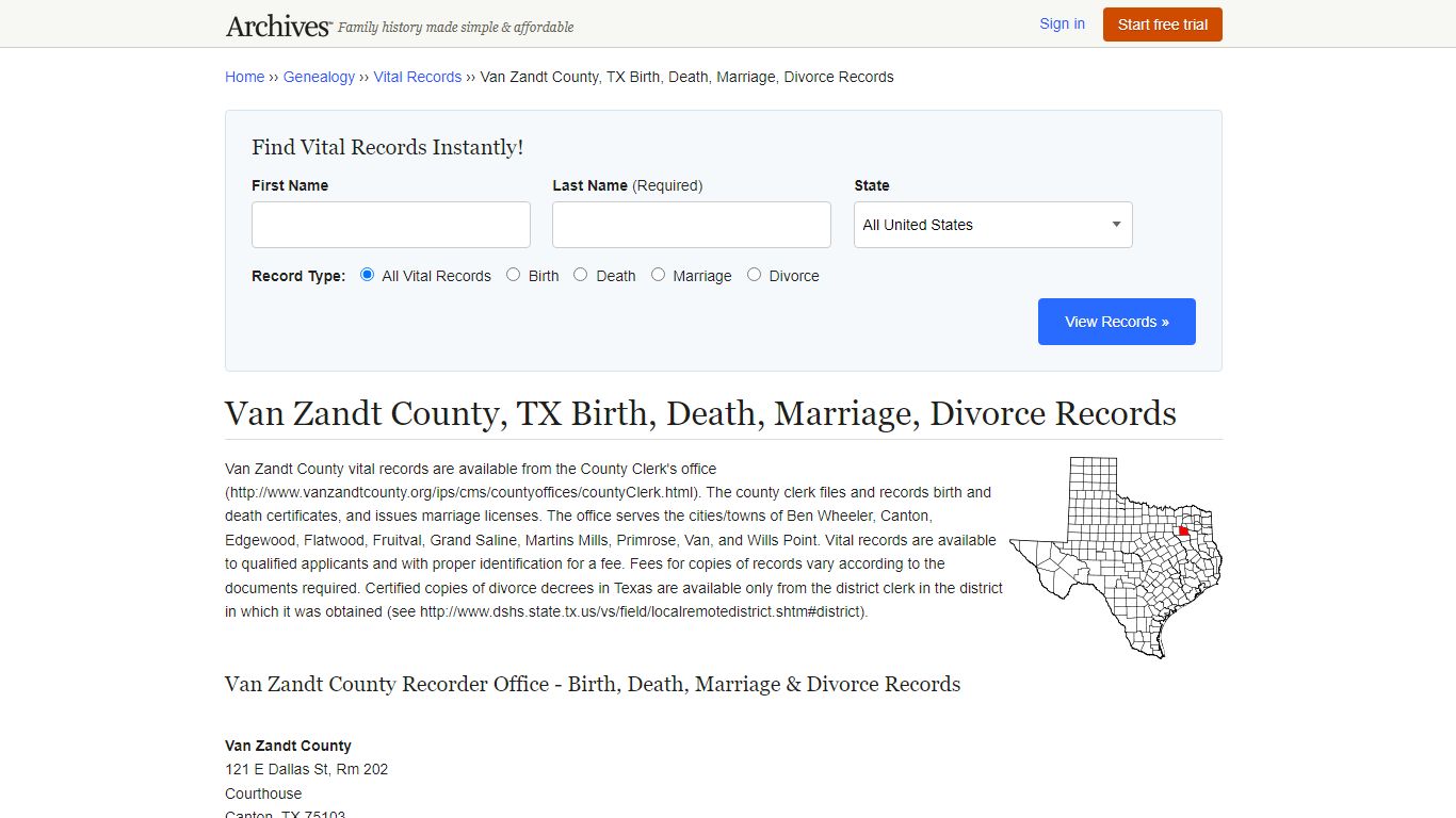 Van Zandt County, TX Birth, Death, Marriage, Divorce Records - Archives.com