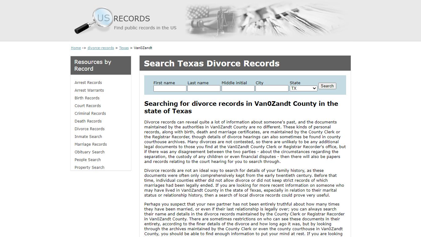 Search Divorce Records Van Zandt Texas | US Records